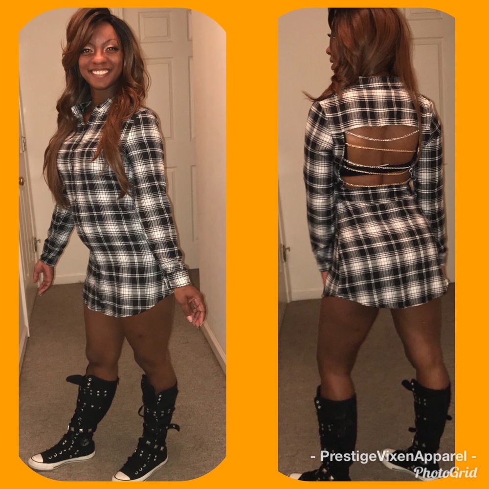 Plaid backless dress with chains